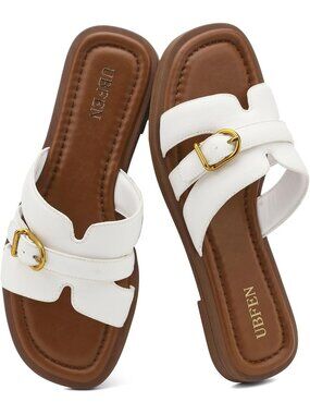 Women's All White Square Toe Flat Sandals Slides Dressy Comfortable for Casual